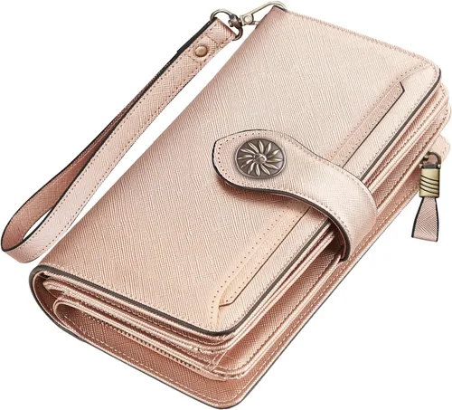 Vista 6 de Travelambo Billetera para mujer de gran capacidad con bloqueo RFID de cuero genuino