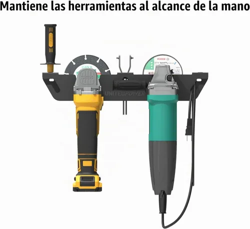 Vista 6 de UNITEDPOWER Soporte de amoladora angular - Estante de almacenamiento/soporte de 4 bahías con colgador de cable, soporte de montaje en pared