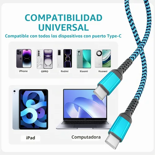 Vista 7 de QQLIKE - Cable USB C a USB C de 60 W, paquete de 3 [3/6/10 pies] C a C cable de carga rápida 60W PD Nylon Braided Cable Fast Charging for Phones