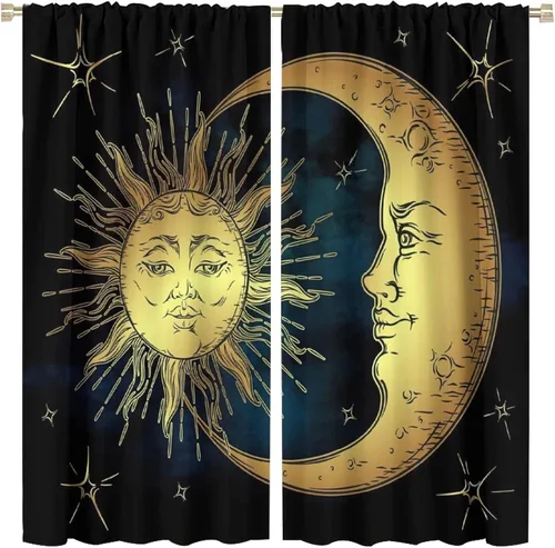 Vista 14 de Cortinas opacas con diseño de sol y luna, cuerpos celestes bohemios, con diseño de sol, luna y estrellas, para sala de estar, dormitorio, 42 x 45