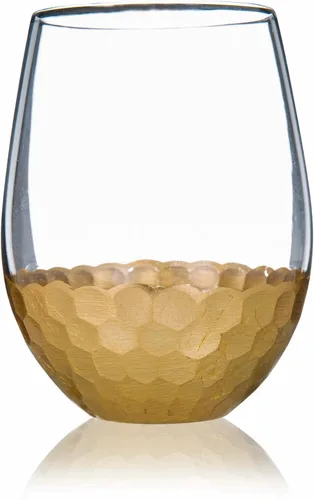 Vista 4 de Copas de vino sin tallo, juego de 2, 18 onzas, diseño de panal dorado