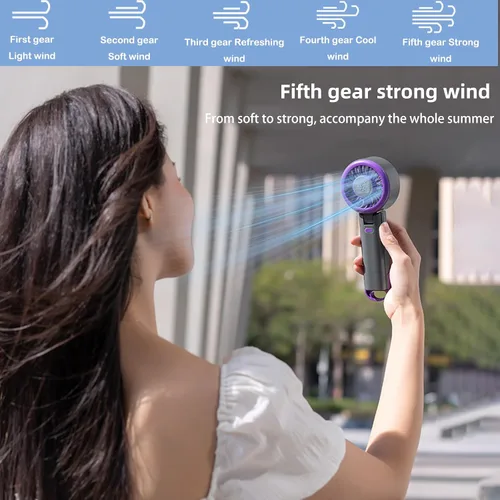 Vista 3 de Ventilador turbo portátil de mano, mini ventilador plegable, ventiladores pequeños, colgar el cuello, batería recargable, 5 ajustes de velocidad