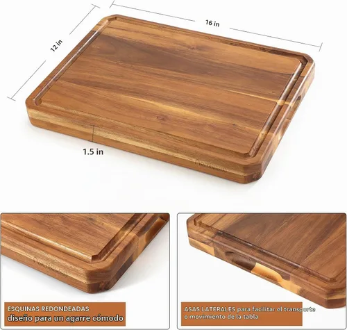 Vista 6 de Tabla de cortar grande de madera para cocina con asas para jugo, tabla de cortar, tabla de queso y tabla de embutidos (tabla de cortar rayada)