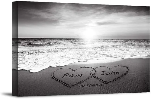 Vista 23 de Corazón y corazón en hermoso amanecer fotos personalizadas únicas o impresiones en lienzo con nombres de pareja y fecha especial en la playa, regalo