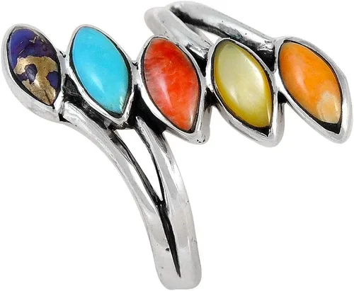 Vista 4 de Anillo de plata de ley, turquesa auténtica y piedras preciosas, Metal, Turquesa