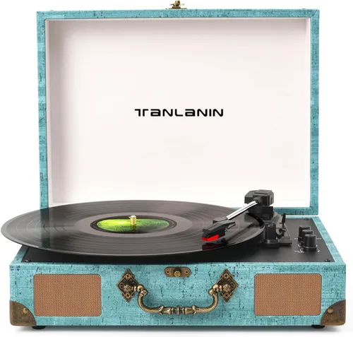 Vista 18 de TANALNIN - Tocadiscos de vinilo, tocadiscos portátil de maleta con Bluetooth de 3 velocidades con altavoces integrados, grabación USB, salida RCA