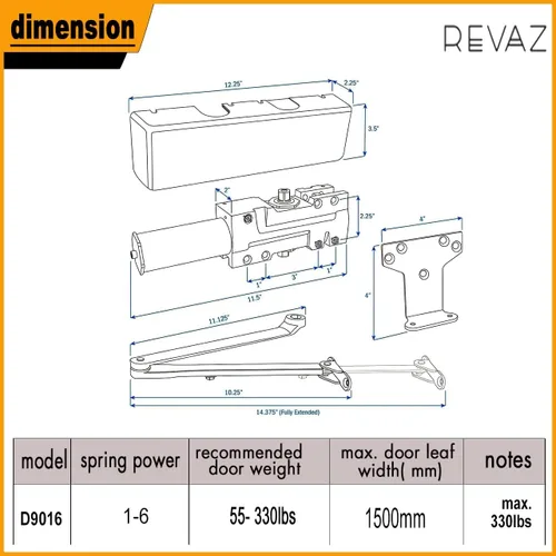 Vista 7 de REVAZ Cierrapuertas comercial extra resistente D9016 BC, con certificación UL, cubierta de plástico ignífugo, tamaño ajustable 1-6, grado 1, hierro