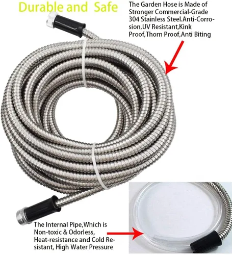 Vista 3 de WFLNHB Manguera de jardín flexible y ligera de acero inoxidable 304, mangueras de agua de metal ligero con boquilla para portátil (25)