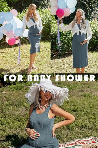 Vista 4 de Ekouaer Vestido de maternidad para mujer, de punto acanalado, sin mangas, con abertura lateral, vestido ajustado para embarazo, tallas S-XXL