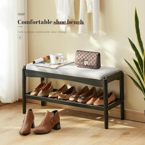 Vista 7 de STDDRE Banco para Zapatos de Entrada de Bambú de 2 Niveles Estante para Zapatos con Asiento Acolchado con Cojín, Organizador de Banco para Zapatos