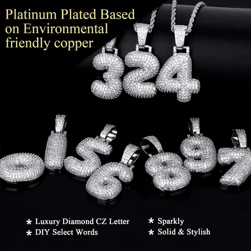 Vista 3 de U7 Iced Out Pendant Mens Hip Hop Jewelry Platinum18K Gold Plated Lab Diamond Bubble Letter Necklaces Custom Number Chain Intials Name Necklaces