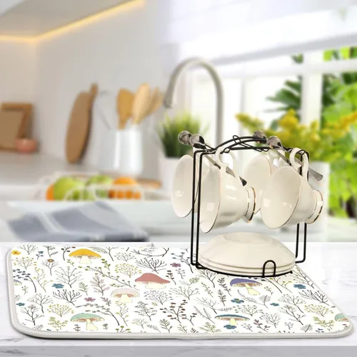 Vista 5 de Linda alfombrilla de secado de platos con hongos y plantas silvestres para encimera de cocina, almohadilla absorbente de microfibra, mediana 16x18