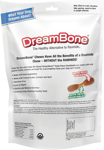 Vista 2 de DreamBone Mancuernas de triple sabor, dale a tu perro un masticable hecho con pollo y verduras reales