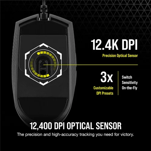 Vista 4 de Corsair KATAR PRO - Mouse ultraligero para juegos mouse FPSMOBA forma simétrica sensor óptico de 12400 DPI 6 botones programables enchufar y jugar