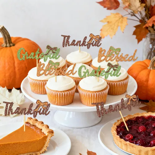 Vista 3 de 24 adornos de otoño para cupcakes para decoración del día de Acción de Gracias, lazo con purpurina para pasteles Thankful Blessed Grateful para Bow-a