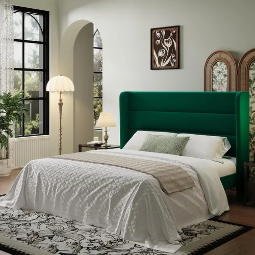 Vista 16 de SHA CERLIN - Base de cama tamaño Full con cabecera tapizada en terciopelo y diseño acanalado vertical; plataforma de cama tapizada con listones