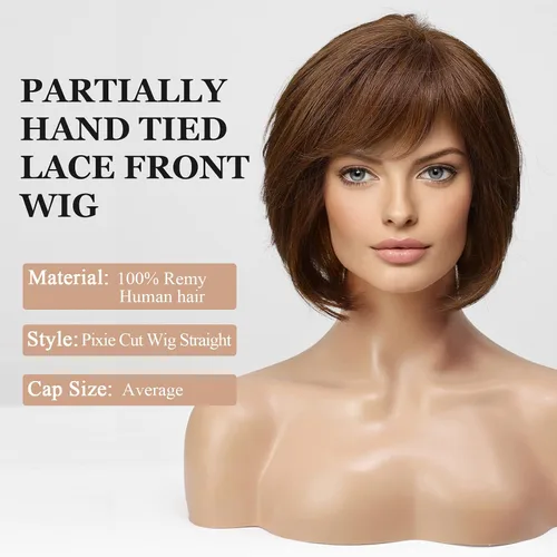 Vista 5 de EMMOR Peluca de encaje frontal atada a mano, pelucas de cabello 100% humano para mujer, peluca natural en capas, estilo ondulado diferente