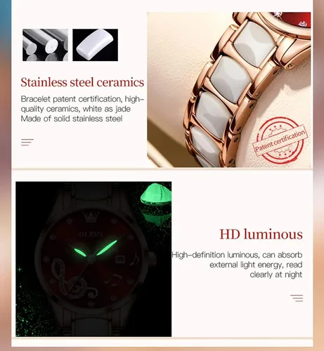 Vista 5 de OLEVS Reloj de pulsera para mujer, oro rosa, elegante, de cerámica, para mujer, de cuarzo, acero inoxidable, impermeable, luminoso