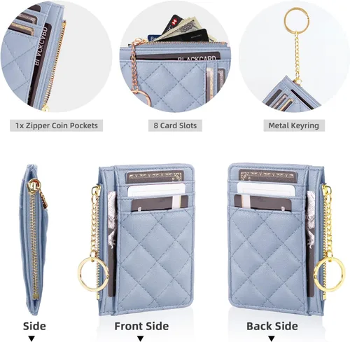 Vista 7 de Soporte para tarjetas de crédito, cartera delgada con llavero con bolsillo frontal para monedas, bolsillo frontal pequeño para mujer, color azul