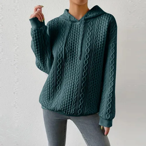 Vista 2 de Sudaderas con capucha de punto gofre para mujer, estilo casual, con cordón, talla grande, lisa, cuello redondo, ropa preparatoria