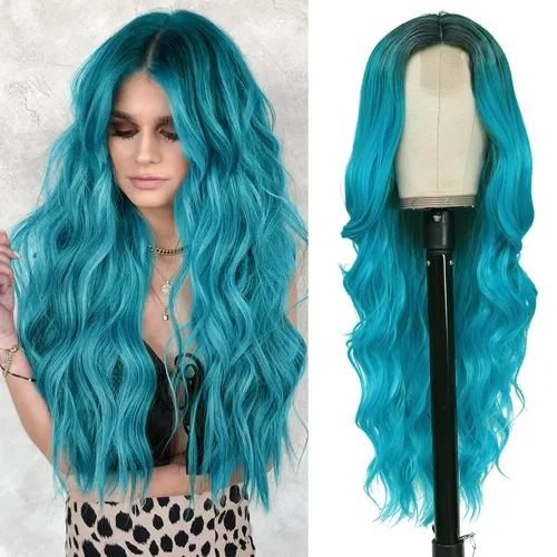 Vista 28 de NAYOO Peluca larga ondulada rubia ombré para mujer, de 26 pulgadas, parte media, rizada, ondulada, de aspecto natural, fibra sintética resistente al