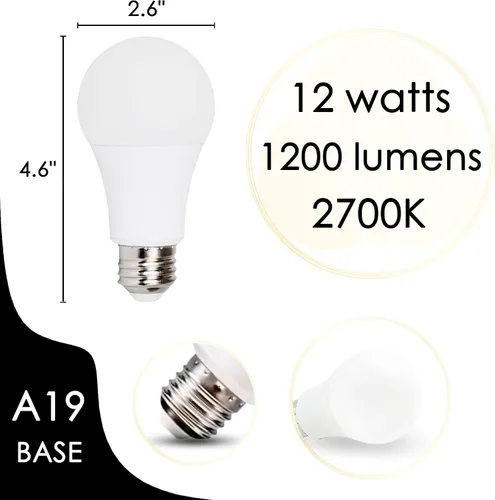 Vista 2 de chiphy Bombillas LED regulables, 1200 lúmenes, 12 W (equivalente a 120 W), 2700 K (blanco cálido), base A19/E27, con 3 niveles de brillo, sin