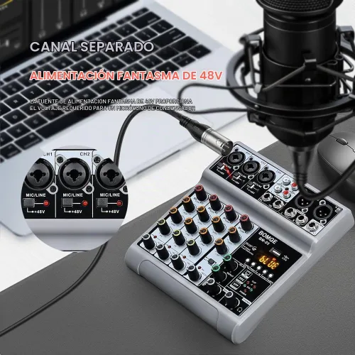 Vista 2 de BOMGE Mezclador de audio, consola de mezcla de tablero de sonido con 5 canales digitales USB Bluetooth, efecto de eco y retardo, alimentación