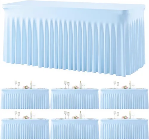 Vista 15 de Paquete de 2 manteles color azul bebé para mesas rectangulares de 6 pies, mantel ajustable de elastano, fundas de mesa elásticas de 6 pies, manteles