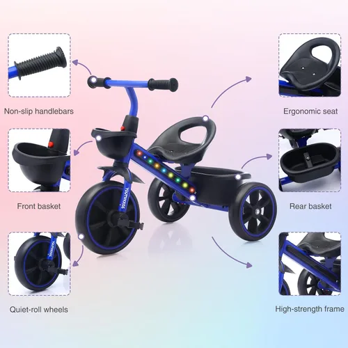 Vista 5 de Triciclo para niños con luces LED coloridas para niños pequeños de 1 a 3 años, diseño estable de 3 ruedas y canasta de almacenamiento para paseos