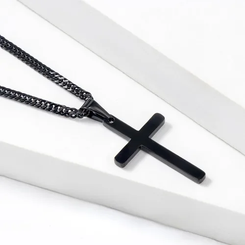 Vista 4 de Collar de cruz para hombre, collar con colgante de cruz lisa de acero inoxidable plateado y dorado para hombre, cadena cubana de 18 a 26 pulgadas