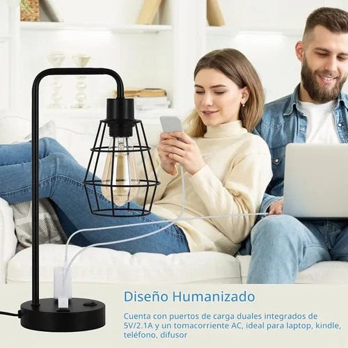 Vista 5 de BTY Juego de 2 lámparas de mesa USB Edison con puertos de carga USB duales y 2 clavijas de salida de CA, jaula de alambre de metal, lámpara de mesa