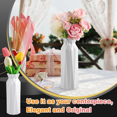 Vista 5 de Thyle 20 jarrones de plástico para flores, florero de plástico blanco con aspecto de cerámica, jarrones de plástico para centros de mesa, jarrones