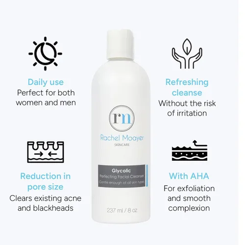 Vista 3 de Rachel Moayer Limpiador facial perfeccionador glicólico, lavado facial exfoliante con 12% de ácido glicólico, limpia y previene el acné, para todo