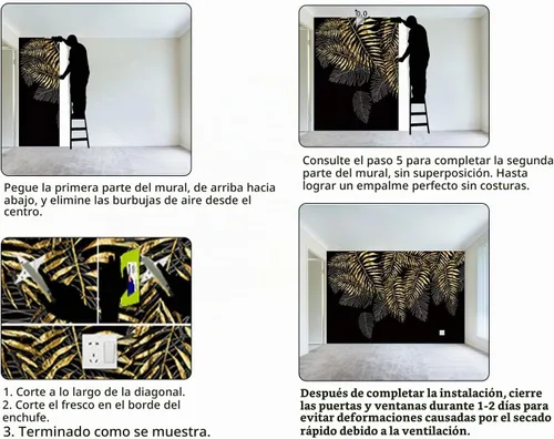 Vista 6 de Mural de hojas negras y doradas para dormitorio, papel tapiz botánico tropical, decoración de plantas, sala de estar, fondo de televisión, mural