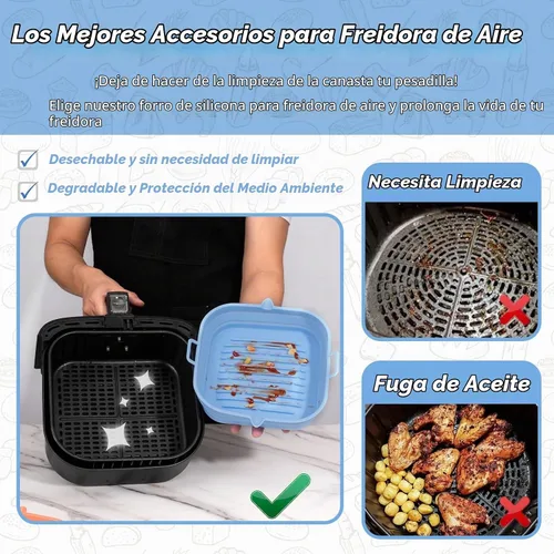 Vista 2 de [Paquete de 2] Forros cuadrados de silicona para freidora de aire – Cesta reutilizable para freidora de aire – Olla fácil de limpiar para freidora 2