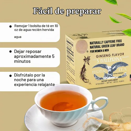 Vista 3 de 3 Ballerina Té de ginseng, bolsas de té de hierbas extra fuertes para hombres y mujeres, 18