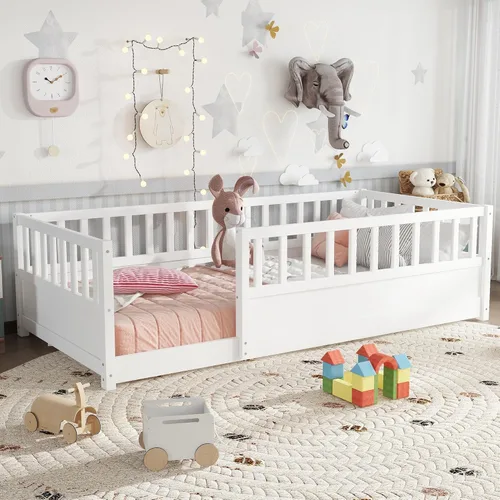 Vista 7 de Bellemave Marco de cama Montessori para niños de tamaño individual con Cerca alta natural