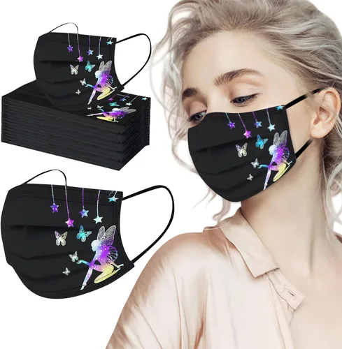 Vista 7 de Paquete de 50 mascarillas desechables para adultos, diseño de mariposas, flores, cuidado de la piel, días festivos, para mujeres, a prueba de polvo