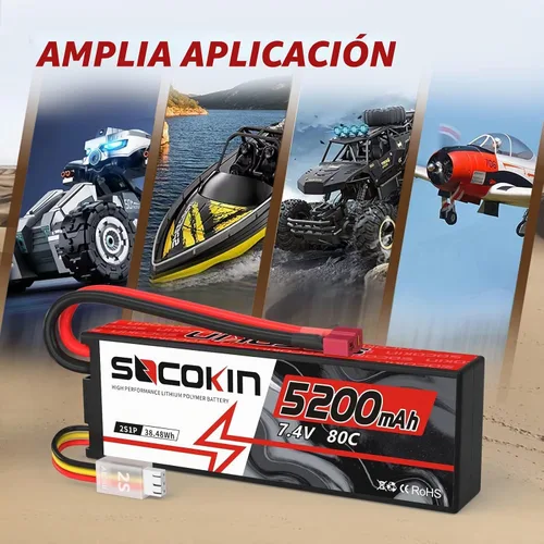 Vista 6 de 2S Lipo Batería 7.4V 5200mAh 80C Batería con estuche rígido T-Plug para RC Evader BX Car Buggy Boat Drones 1/10 Escala Racing Truck Racing Heli