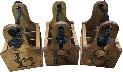 Vista 7 de Carrito de cerveza de madera personalizado con abrebotellas y colector magnético de tapas de botellas. Hecho a mano de madera rústica de seis