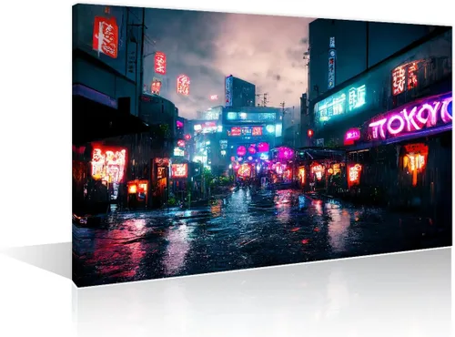 Vista 32 de 1 panel de cuadros de la ciudad de Cyberpunk, arte de pared, representación de vallas publicitarias, edificios modernos en la capital con obras