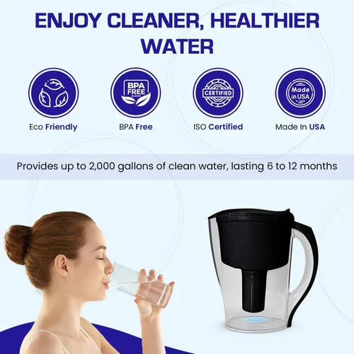 Vista 5 de Crystal Quest Jarra de filtro de agua – Capacidad de 12 tazas, incluye 1 filtro de larga duración, libre de BPA, cumple con el estándar NSF 42