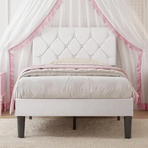 Vista 10 de VECELO Twin Bed Frame with Upholstered Tufted Headboard, Beige