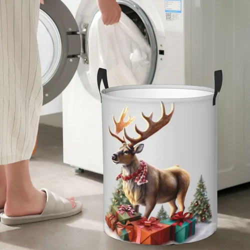 Vista 7 de Cesta circular con estampado de renos para regalo de Navidad, impermeable, cesta organizadora de lavandería, con asas, para ropa, juguetes, pequeña