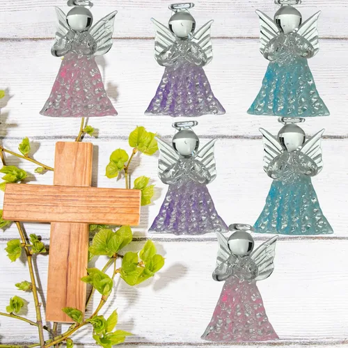 Vista 4 de Juego de 6 adornos de ángeles para árbol de Navidad, Pascua, bautismo y baby shower, mini adornos colgantes de 2 pulgadas para decoración del hogar