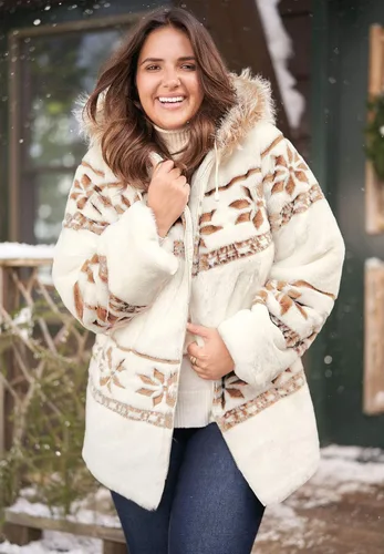 Vista 7 de Woman Within Chaqueta con capucha de piel sintética con estampado de copos de nieve para mujer