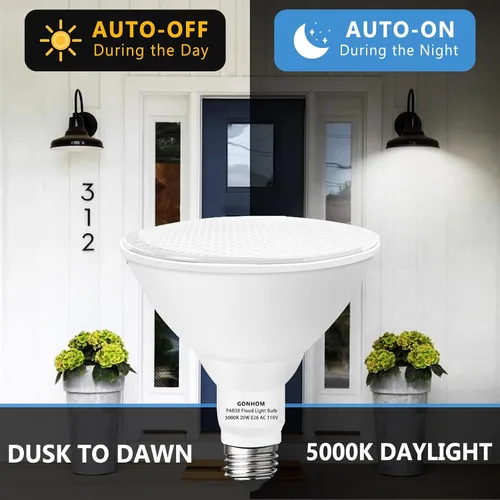 Vista 2 de Gonhom Par38 Bombillas LED de luz de inundación del atardecer al amanecer para exteriores, 20 W de reemplazo de hasta 200 W, 1800 lúmenes, base E26
