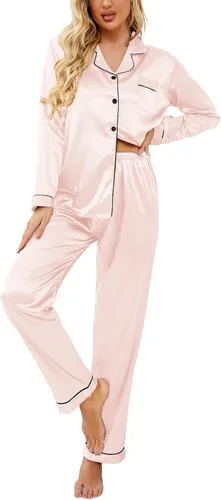 Vista 13 de Ekouaer - Conjunto de pijama de satén de seda clásico con botones para mujer, de manga larga Verde militar