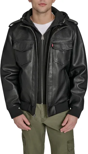 Vista 6 de Levi's Men's Faux Leather Aviator Bomber Jacket With Jersey Bib and Hood