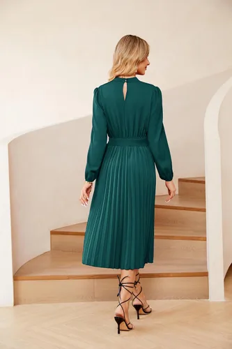 Vista 5 de JASAMBAC Vestido midi plisado de manga larga para mujer